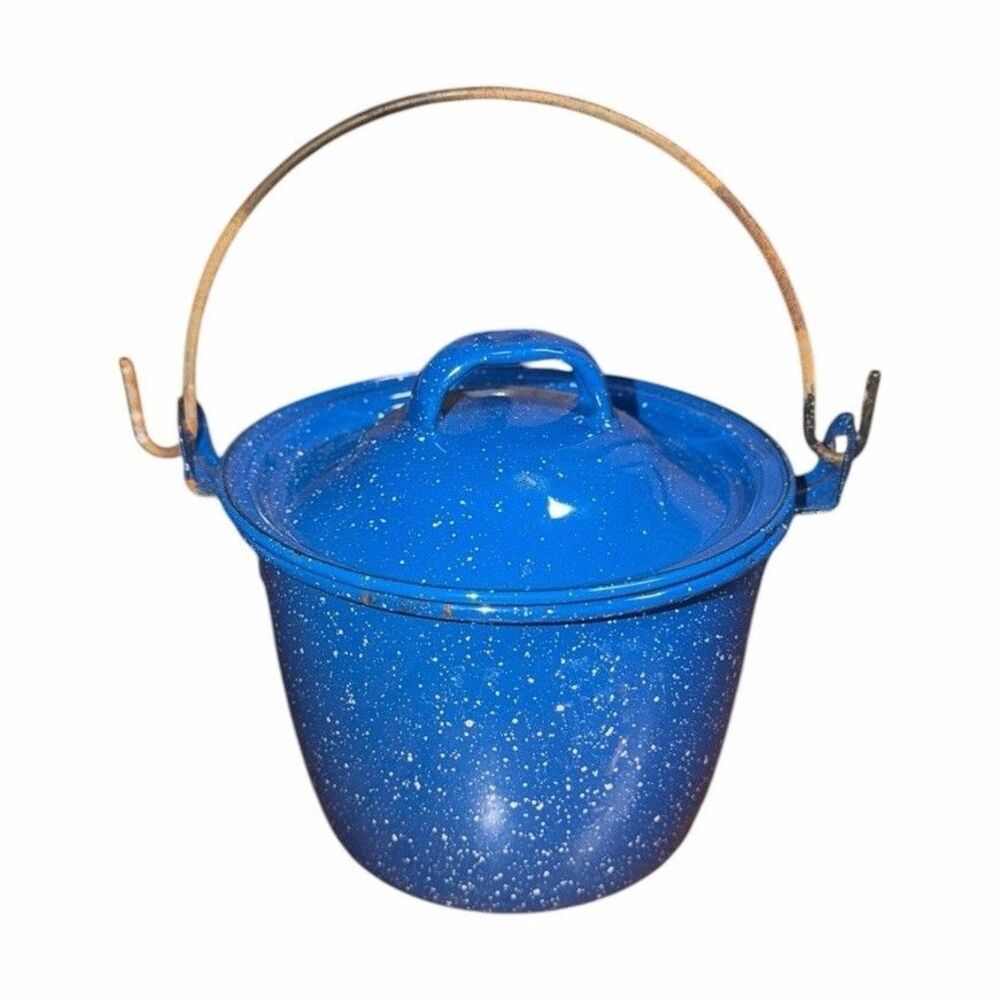 Vintage Blue Speckled Graniteware Berry Pot Bucket Cookware Kettle With Lid